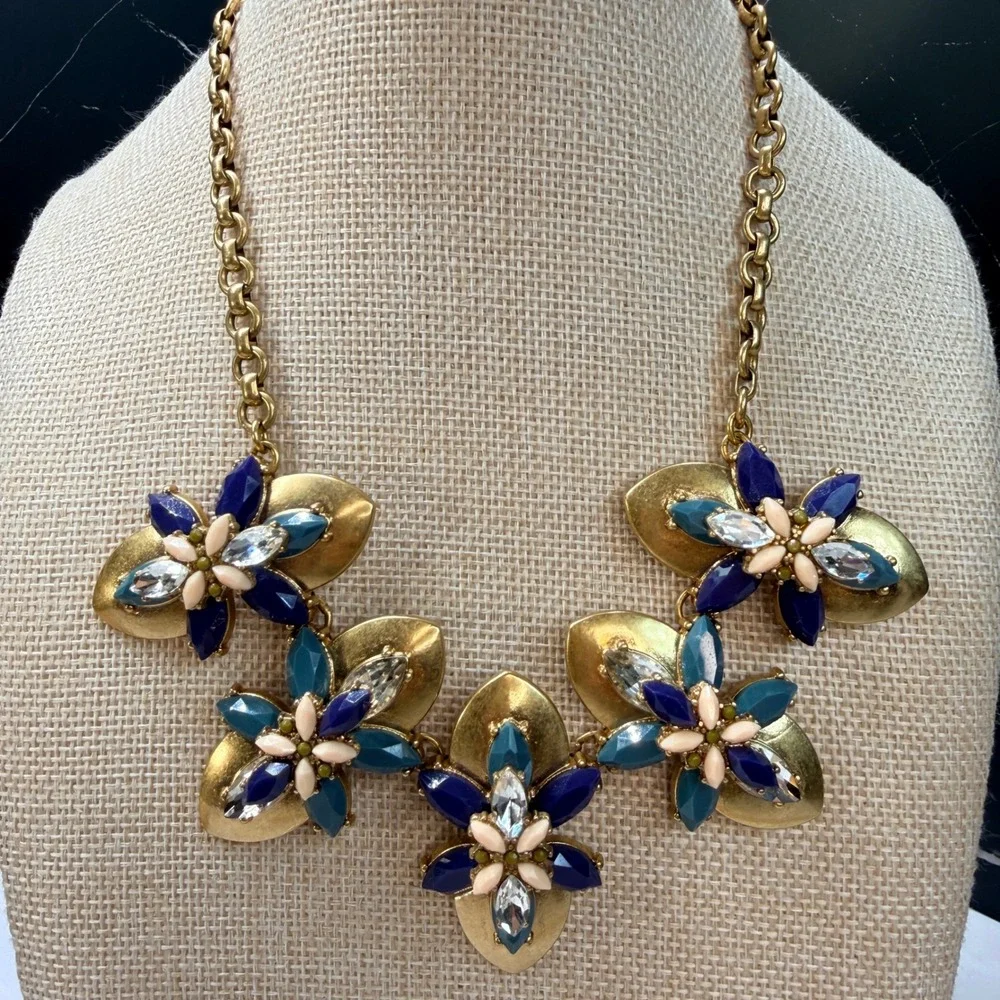 J.Crew Floral Statement Necklace Gold Tone Blue Teal Resin Crystal Flower Bib
